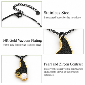 Collier de perles abstraites noires en acier inoxydable plaqué or 14 carats avec pendentif en zircon 40,5+5 cm - Product Image 4