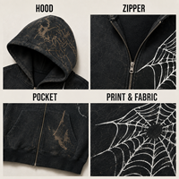 Toptan Kapüşonlu Sweatshirt Fabrikası Kömür Rengi Örümcek Ağı Grafikli Ağır Polar Asit Yıkama Büyük Beden Erkek Fermuarlı Kapüşonlu Sweatshirt