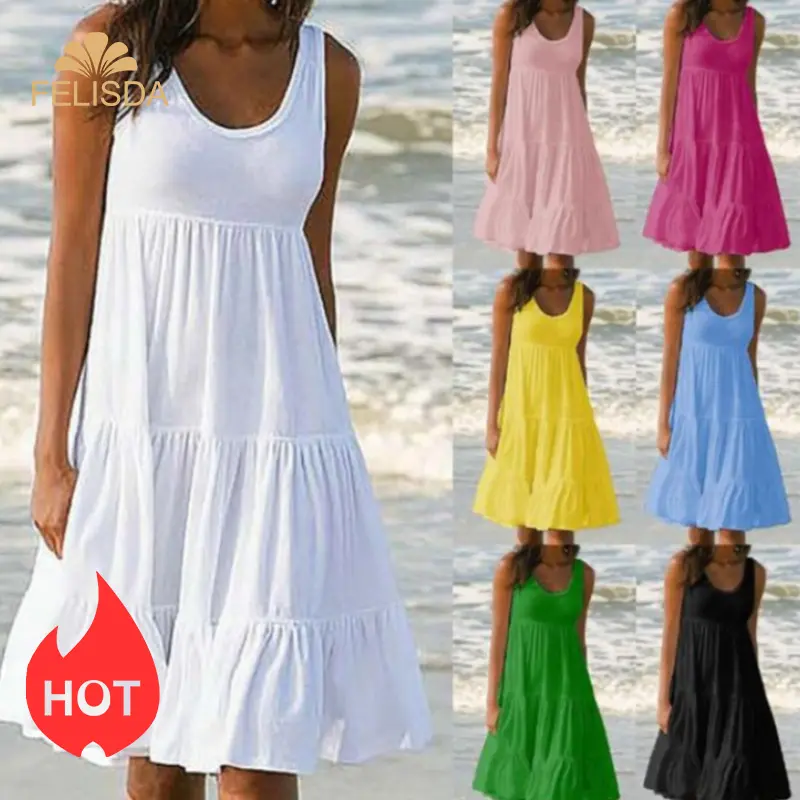 Großhandel Sommer Weiß Kleid Frauen Mode Casual Plus Size Kleider Ärmellose Einfarbig Loose Beach Dress