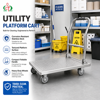 Chariot utilitaire en acier inoxydable résistant à la corrosion avec poignée rabattable, surface antidérapante, 4 roulettes pour les zones de nettoyage humides