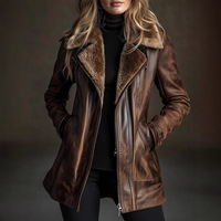 Veste en similicuir PU effet fourrure vintage pour femme, col à revers large, doublure épaisse en fausse fourrure, fermeture éclair diagonale, manteau chaud d'hiver style motard