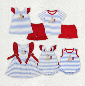 Baby Girls 4th Of July Dog Flag Sibling Rompers Clothing Sets - Product Image 1