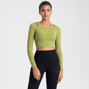 Women's Yoga Top Long Sleeve Padded Chest Scoop Neck Crop Top For High Intensity Fitness Training - Product Image 2