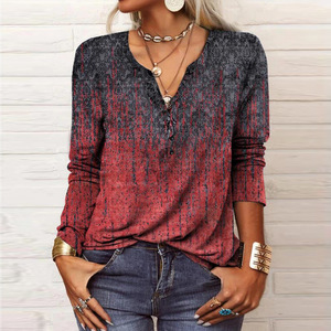 Blusas Femininas Vintage Boêmia com Estampa de Flores Geométricas em Paisley, Manga Longa, Tops Casuais com Decote em V - Product Image 1