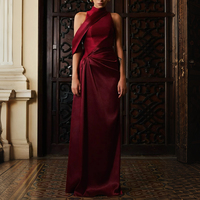 ZYHT 73423 Usine Directe Personnalisable Femmes Bourgogne Satin Longue Robe avec Col Licou Asymétrique pour les Occasions de Soirée