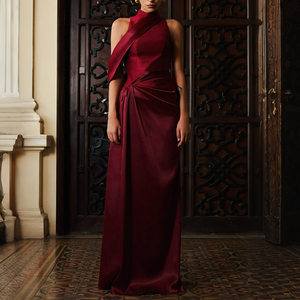 ZYHT 73423 Factory Direct personalizzabile da donna <span class=keywords><strong>abito</strong></span> <span class=keywords><strong>lungo</strong></span> in raso bordeaux con scollo all'americana asimmetrico per le occasioni serali - Product Image 3