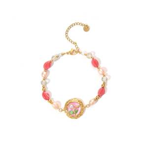 Fashion <b>Beaded</b> <b>Bracelet</b> 316L Stainless Steel PVD <b>Gold</b> Plating Sustainable Resistant Pink Pearl Design - Product Image 1