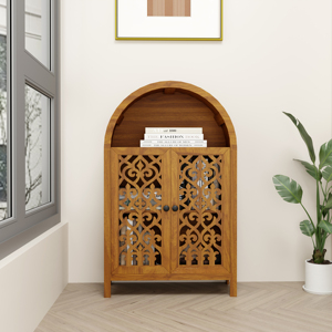 Hand Carved Arched Cabinet Solid Wood <b>Storage</b> With <b>Open</b> Shelf And 2 Doors Tall Narrow Accent Cabinet For Living Room - Product Image 1