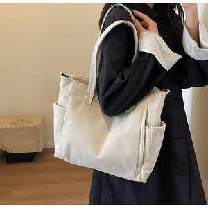 Solid Color Corduroy Tote Bag Zipper Shoulder <b>Handbag</b> Large Capacity <b>Soft</b> Women Shopper for Winter - Product Image 1