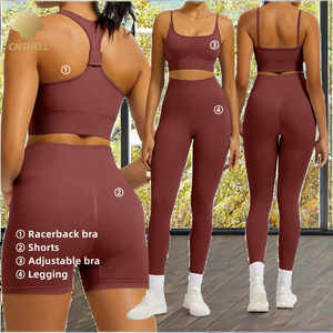 Ensemble de shorts de yoga pour femmes de haute qualité, respirant, à séchage rapide, pour le pilates, avec taille élastique et logo frontal - Tenue de sport 4 pièces - Product Image 2