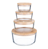 Ensemble de bols mélangeurs en verre borosilicate de haute qualité avec couvercle en bambou poli hermétique, respectueux de l'environnement et adapté aux familles, 4 pièces