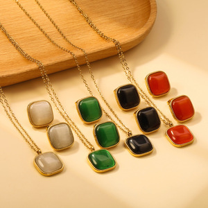 European American Retro <b>Square</b> Cat's Eye Stone Necklace Earring <b>Set</b> Gold Plated Stainless Steel Jewelry For Women - Product Image 3