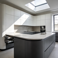 Meubles de cuisine minimalistes de luxe blancs et noirs avec îlot incurvé et tiroirs à fermeture douce