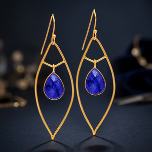 Bezal Set Sapphire Stone Sterling <b>Silver</b> Gold Plated Classic Fish Hook <b>Dangle</b> <b>Earring</b> Pair for Wedding & Party - Product Image 3