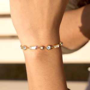 J&amp;D Elegant <strong>Aesthetic</strong> Shimmering Crystal <strong>Bracelet</strong> White Geometric Pearl Steel <strong>Bracelet</strong> Tarnish Free Everyday Wear Trendy Jewelry - Product Image 3