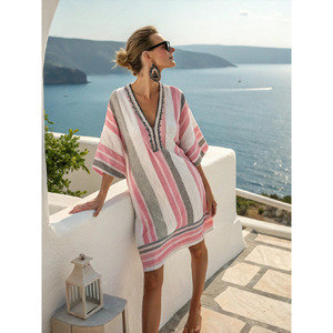 تصميم مخصص للنساء أبيض منقوش برقبة V فستان قصير بأكمام خفاش قصيرة للسيدات جودة قطنية كتان ملابس شاطئ غير رسمية - Product Image 4