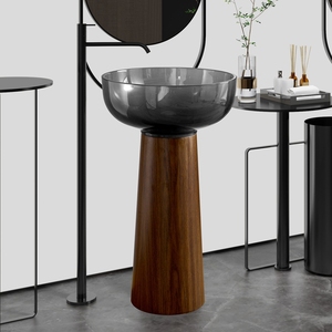 Lavabo independiente moderno <span class=keywords><strong>con</strong></span> base de acero inoxidable de grano de madera y lavabo de resina transparente gris lavabo de <span class=keywords><strong>pedestal</strong></span> de baño artístico - Product Image 2