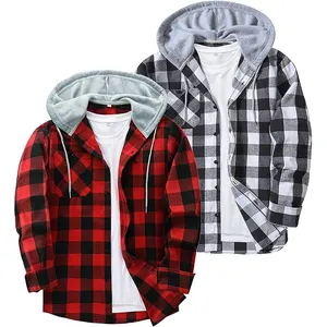 High Quality Factory Plus Size Casual Pocket Shirt Fashion Men's Plaid Hoodie Fleece Flannel Shirts Jackets