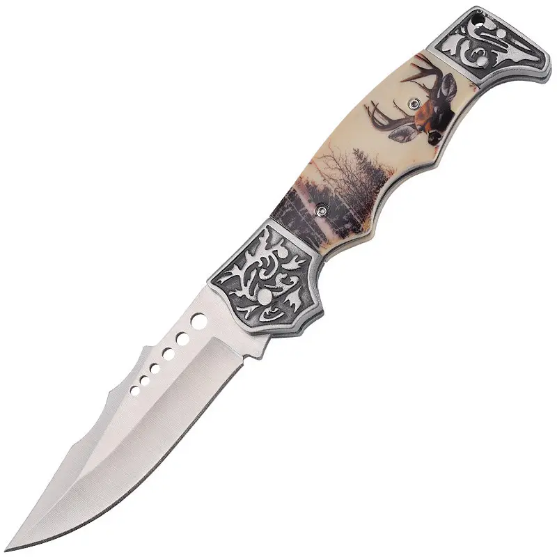 TL69 Classic Steel Carving Handle 3D Printed Deer Pattern Outdoor Hunting Knife High Hardness Folding Tactical Knife