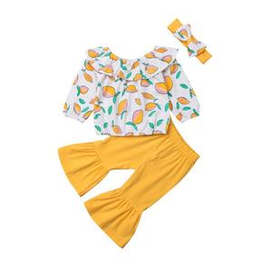 Vêtements pour enfants très demandés : Ensemble 3 pièces pour filles de 2 à 12 ans, comprenant un haut épaules dénudées motif citron et un pantalon évasé - Product Image 2
