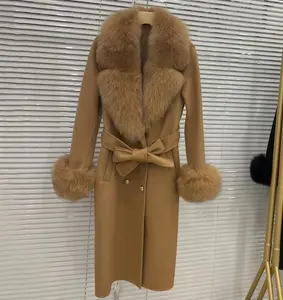 Luxury Hand-stitched Overcoat Winter Noble Blend Outwear Woolen Women Real Fox Fur Trim Long Wool Coat