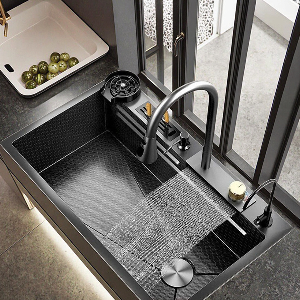 YITE Flying Rain Waterfall Dishwasher Basin Heavy Gauge 304 Stainless Steel Pull Out Faucet Professional Grade Kitchen Sinks