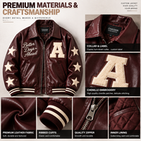 Blouson Bomber Varsity Homme en Similicuir Bordeaux Personnalisé OEM, Broderie Étoile Vintage, Fermeture Éclair, Style Racing, Faible MOQ