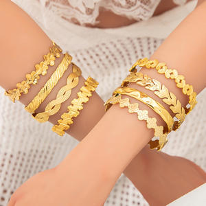 Fashion <b>Bangle</b> Women 18K Gold Plated Stainless Steel Open Bracelet Floral Pattern European Style Jewelry <b>Set</b> - Product Image 1
