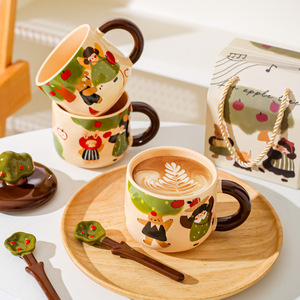 Tasse en céramique rétro motif Fille et Pommier, compatible micro-ondes, design esthétique, pour bureau, eau, café, coffret cadeau - Product Image 3