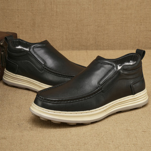 Mocassins d'hiver en cuir véritable pour hommes, doublure en fausse fourrure, semelle extérieure en caoutchouc rembourrée, bout rond, chaussures confortables - Product Image 3