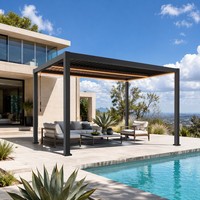 Pergola en aluminium à commande manuelle avec bandes lumineuses LED décoratives, résistante aux intempéries, pavillon de luxe pour terrasse au bord de la piscine