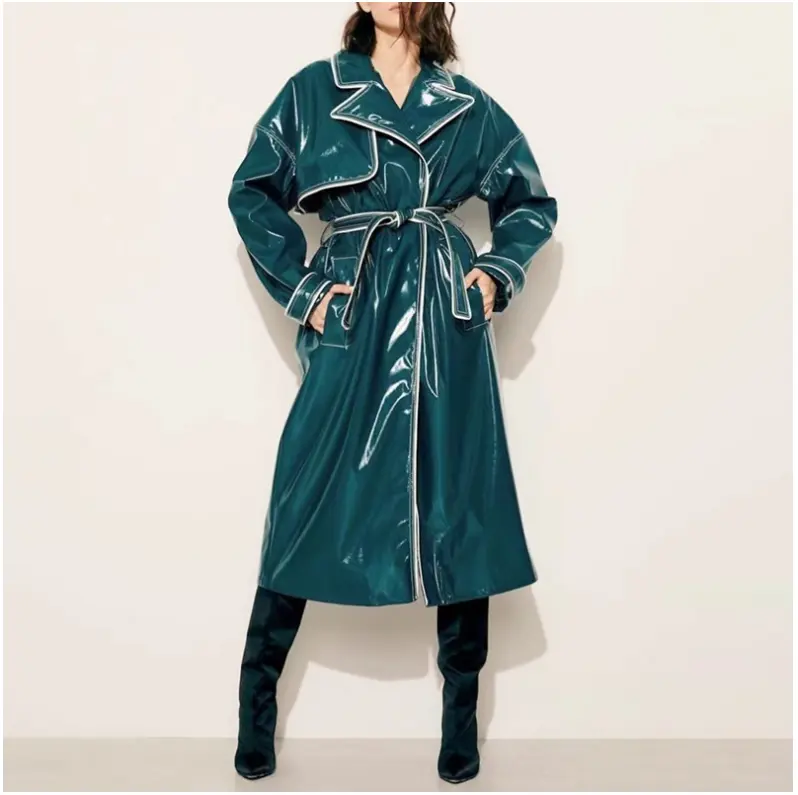Trench-Coat d'hiver en cuir pour femme, longue tenue brillante, mode 2020