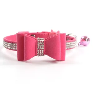 Colliers de chat de couleur rose noir en velours de luxe Bling <span class=keywords><strong>Diamond</strong></span> Noeud papillon élégant avec collier à cloches pour chats - Product Image 6