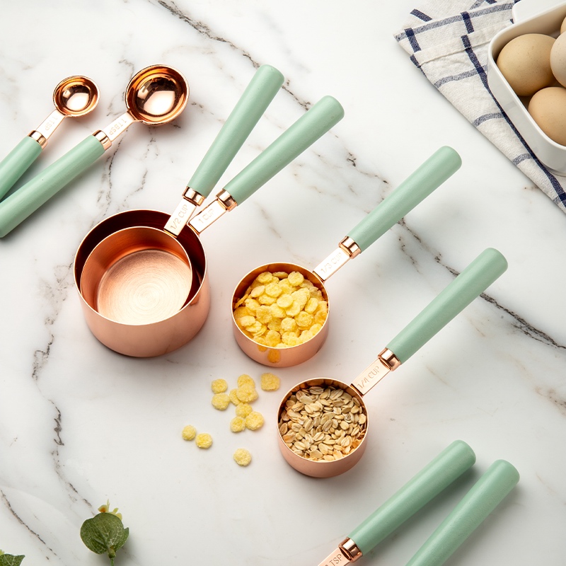 Wooden Handle Measuring Cups and Spoons Set Stainless Steel With Copper Plating Top Seller 8 pcs OEM Tools Box Logo