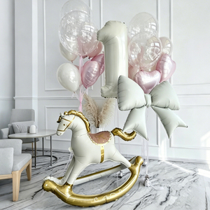 Bouquet di Palloncini <span class=keywords><strong>a</strong></span> Forma di <span class=keywords><strong>Cavallo</strong></span> <span class=keywords><strong>a</strong></span> <span class=keywords><strong>Dondolo</strong></span>, Numero e Fiocco, Palloncini <span class=keywords><strong>a</strong></span> Cuore Rosa e Bianchi per Decorazioni Festa Primo Compleanno Bambina - Product Image 1
