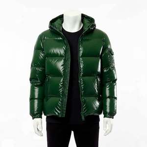 Blouson matelassé vert à capuche pour homme, coupe-vent, rembourré de duvet, fermeture éclair, manteau d'hiver décontracté, couleur unie, polyester, coupe régulière 2026 - Product Image 1