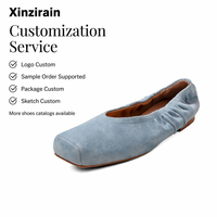 Ballerines plates à bout carré plissé en daim bleu clair personnalisées Xinzirain pour femmes