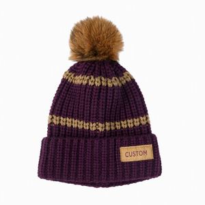 Gorro de punto grueso con pompón para niños, cálido, con dobladillo plegable, para otoño e invierno, venta al por mayor - Product Image 2