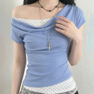 Conjunto de Dos Piezas Y2K Asimétrico con Hombros Descubiertos, Estampado de Lunares, Bloques de Color, Ecológico, Veraniego, con Cintura Ajustada para Mujer - Product Image 2