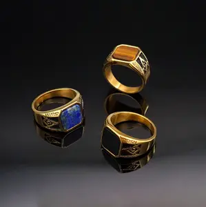 Hot Selling Titanium Staal 316 Rvs Ingelegd Glas Steen Vrijmetselaars Ag Retro Ring Groen Goud Originele Stenen Ring Voor mannen