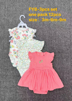 Ensemble 3-en-1 pour bébé fille brodé cerises/roses : Robe-bodysuit en tricot texturé + culotte florale, lot de 12 pièces en gros