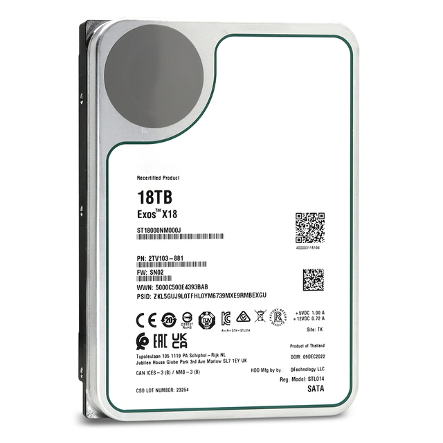 Exos X18 ST18000NM000J 18TB Enterprise HDD SATA 6Gb/s 7200RPM 256MB 3.5 Inch Internal Hard Drive for Server Data Center Storage
