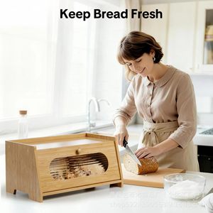 Bamboo Bread Storage <b>Box</b> Rectangle With <b>Glass</b> Window For Kitchen Use - Product Image 3