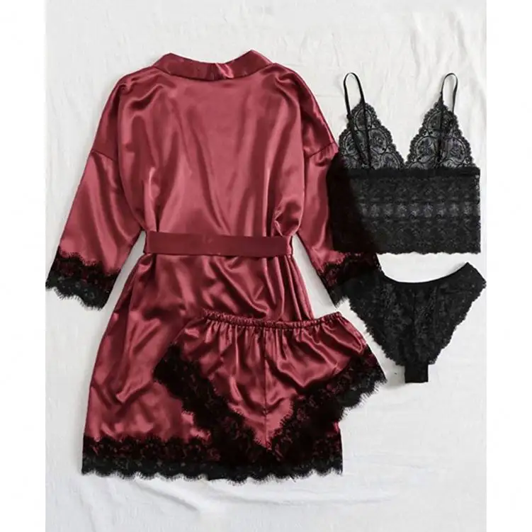 Winter 4 pcs women's sleepwear sexy Stripe Satin Lace s sets Shorts pajamas Sets