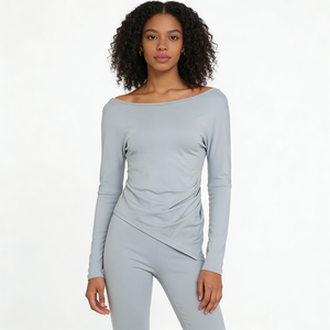 เสื้อยืดแขนยาวผู้หญิงทรงพื้นฐาน ชายเสื้อไม่สมมาตร ดีไซน์ผ้าจับจีบช่วงเอว สไตล์มินิมอล สีพื้น เรียบหรู ช่วยพรางหุ่น ผ้าถัก เป็นมิตรต่อสิ่งแวดล้อม - Product Image 2