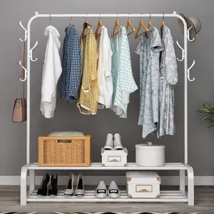 Wholesale Free Standing Clothes Hanging Rail With 2 Tier Shoe Rack Shelves And Hooks