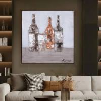 Peintures de nature morte faites à la main en promotion, tableaux carrés sur toile avec bouteille de vin et décorations murales pour restaurants, bars et hôtels