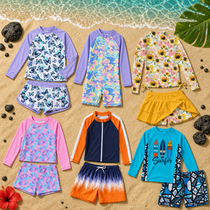 Ensembles de maillots de bain pour enfants avec motifs floraux, papillons et surf, maillots de bain à manches longues pour garçons et filles, vêtements de plage - Product Image 1