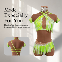 Costume de danse jazz lyrique personnalisé, vert néon, franges, strass, tenue de compétition de danse, vêtements de scène pour filles