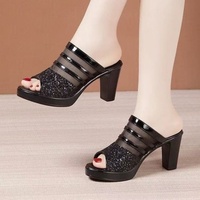 Sandales à talon épais en strass, à bout ouvert, imperméables, en maille, à bride unique, talon compensé 6-8 cm, pour femme, été, extérieur, en PU
